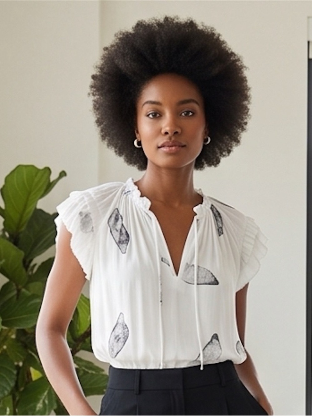 Philosophy White Tie-Neck Flutter Sleeve Blouse with Black Leaf Print